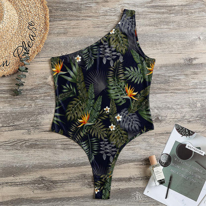 Night Tropical Hawaii Pattern Print One Shoulder Bodysuit