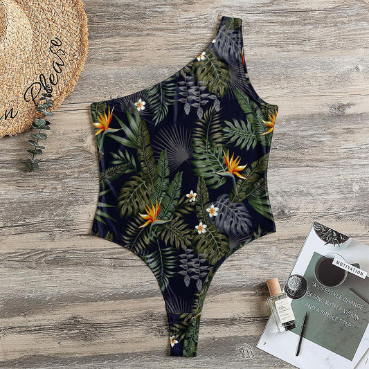 Night Tropical Hawaii Pattern Print One Shoulder Bodysuit