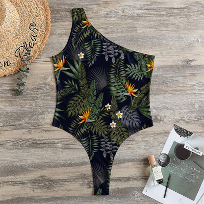 Night Tropical Hawaii Pattern Print One Shoulder Bodysuit