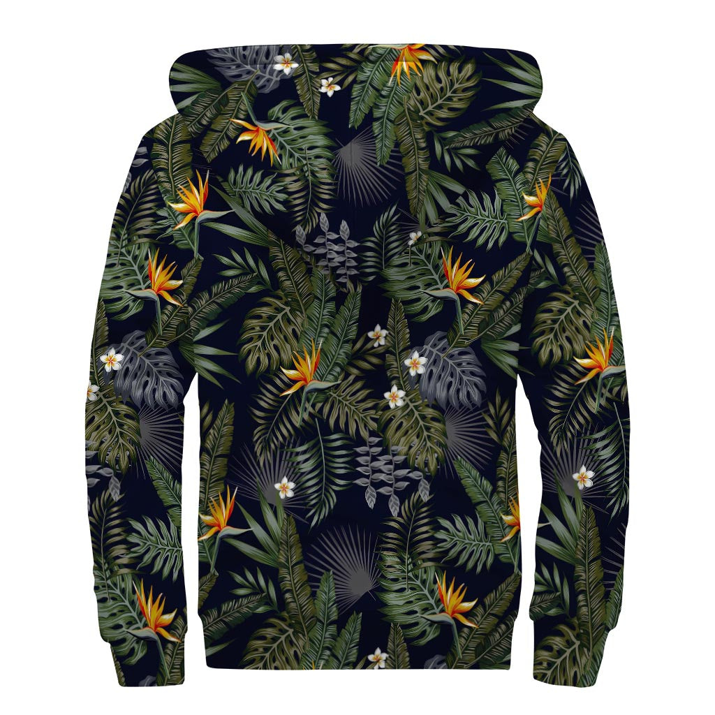 Night Tropical Hawaii Pattern Print Sherpa Lined Zip Up Hoodie