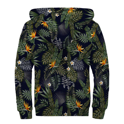 Night Tropical Hawaii Pattern Print Sherpa Lined Zip Up Hoodie