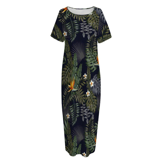 Night Tropical Hawaii Pattern Print Short Sleeve Long Nightdress