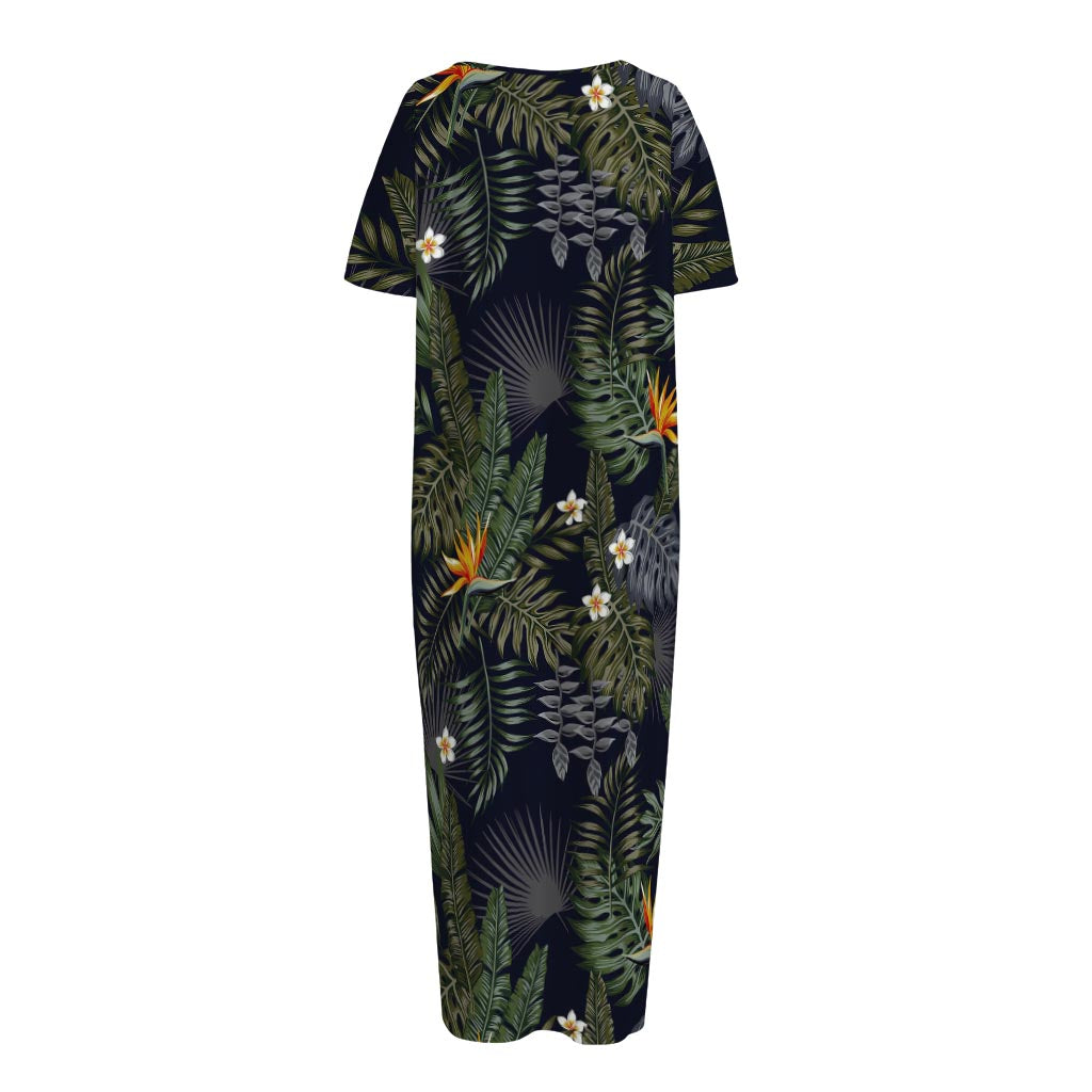 Night Tropical Hawaii Pattern Print Short Sleeve Long Nightdress