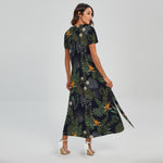 Night Tropical Hawaii Pattern Print Short Sleeve Maxi Dress