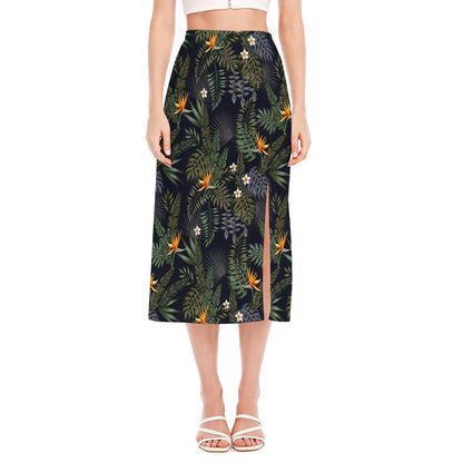 Night Tropical Hawaii Pattern Print Side Slit Midi Skirt