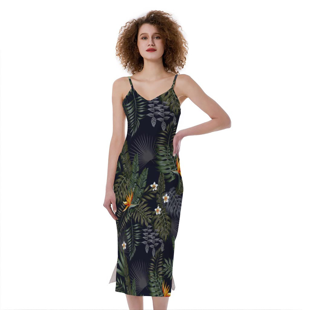 Night Tropical Hawaii Pattern Print Slim Fit Midi Cami Dress