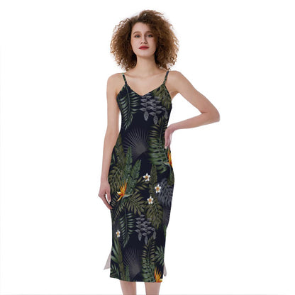 Night Tropical Hawaii Pattern Print Slim Fit Midi Cami Dress