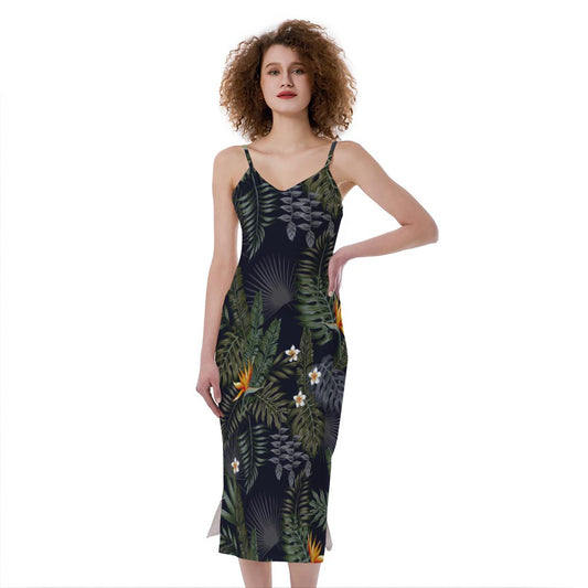 Night Tropical Hawaii Pattern Print Slim Fit Midi Cami Dress