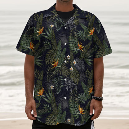 Night Tropical Hawaii Pattern Print Textured Short Sleeve Shirt
