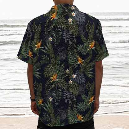 Night Tropical Hawaii Pattern Print Textured Short Sleeve Shirt