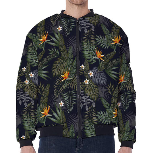 Night Tropical Hawaii Pattern Print Zip Sleeve Bomber Jacket