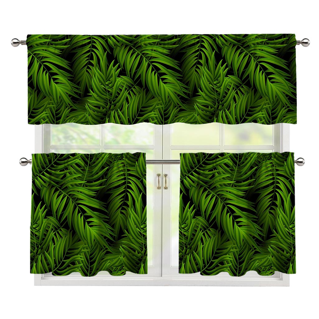 Night Tropical Palm Leaf Pattern Print 3 Piece Kitchen Curtains