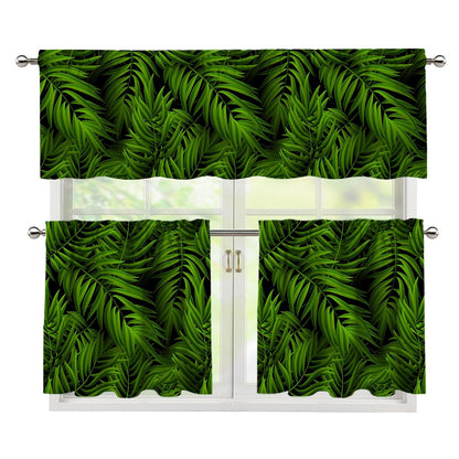 Night Tropical Palm Leaf Pattern Print 3 Piece Kitchen Curtains