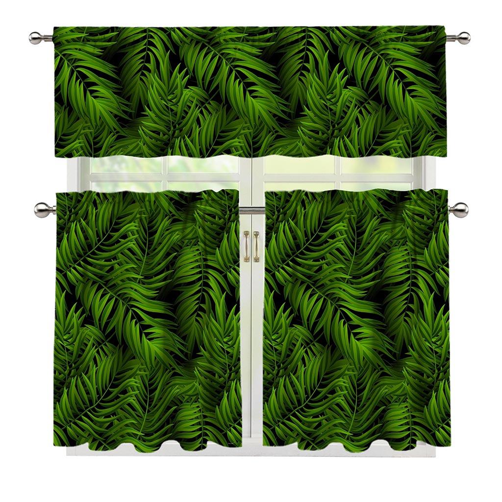 Night Tropical Palm Leaf Pattern Print 3 Piece Kitchen Curtains