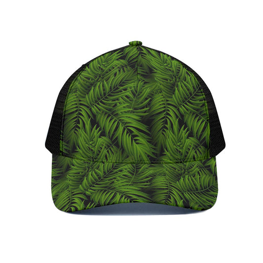 Night Tropical Palm Leaf Pattern Print Black Mesh Trucker Cap