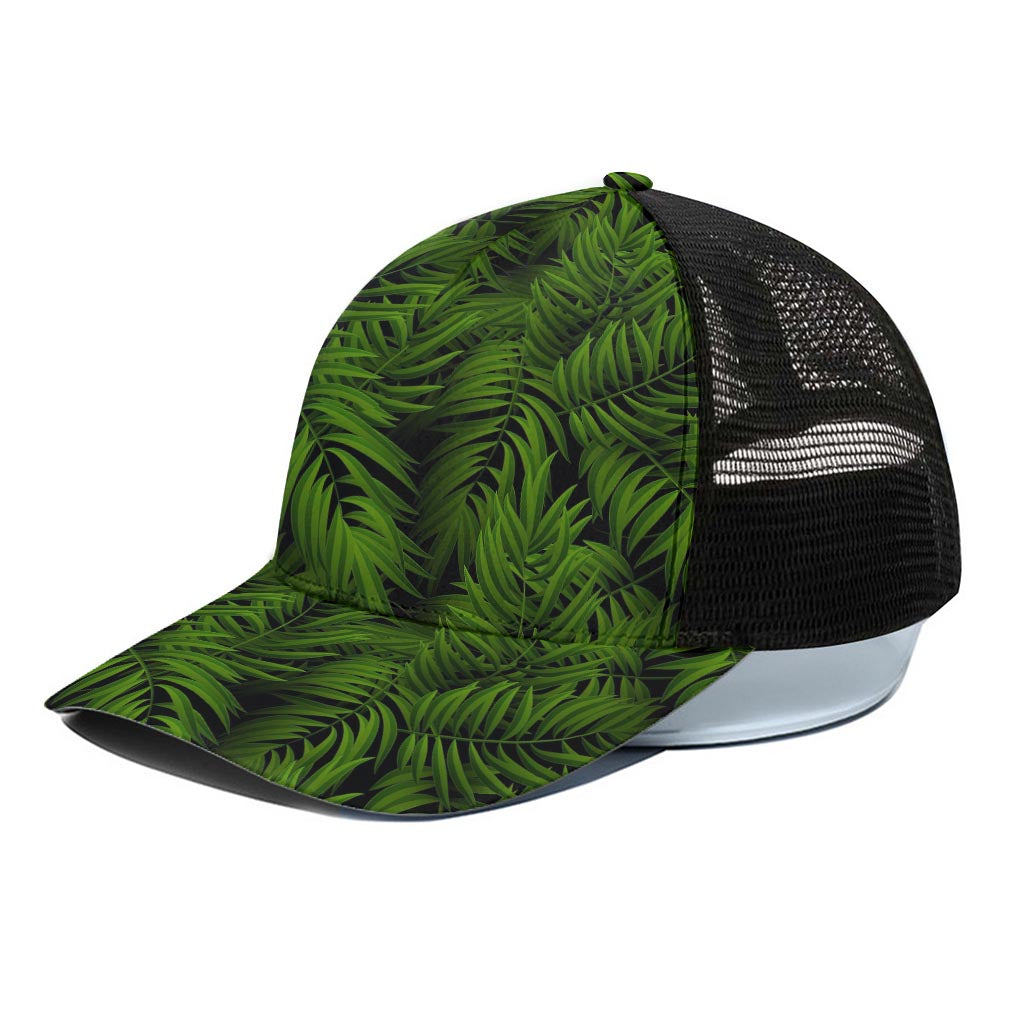 Night Tropical Palm Leaf Pattern Print Black Mesh Trucker Cap