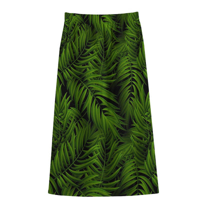 Night Tropical Palm Leaf Pattern Print Cotton Front Slit Maxi Skirt