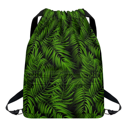 Night Tropical Palm Leaf Pattern Print Drawstring Backpack