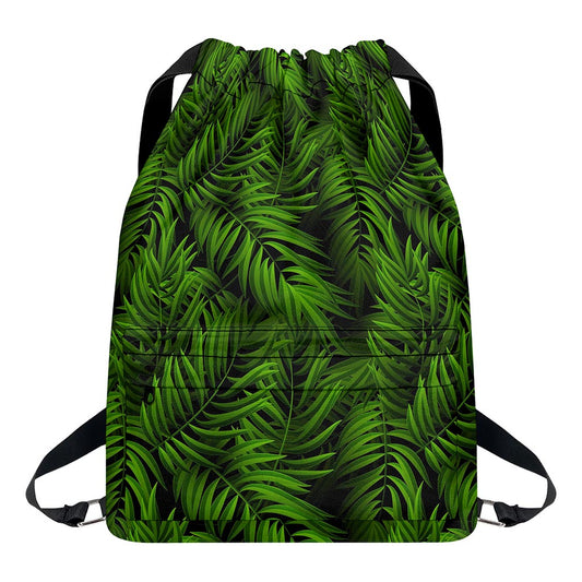 Night Tropical Palm Leaf Pattern Print Drawstring Backpack
