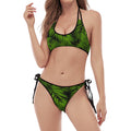 Night Tropical Palm Leaf Pattern Print Halter Scoop Tie Side Bikini
