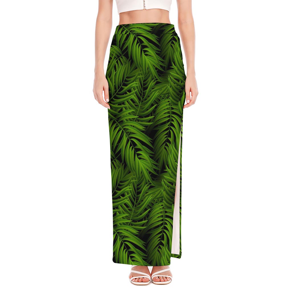 Night Tropical Palm Leaf Pattern Print High Slit Maxi Skirt