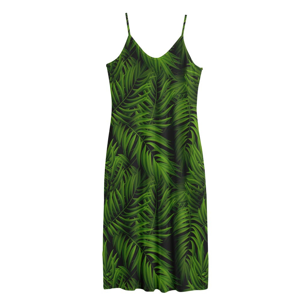 Night Tropical Palm Leaf Pattern Print Jersey Midi Cami Dress