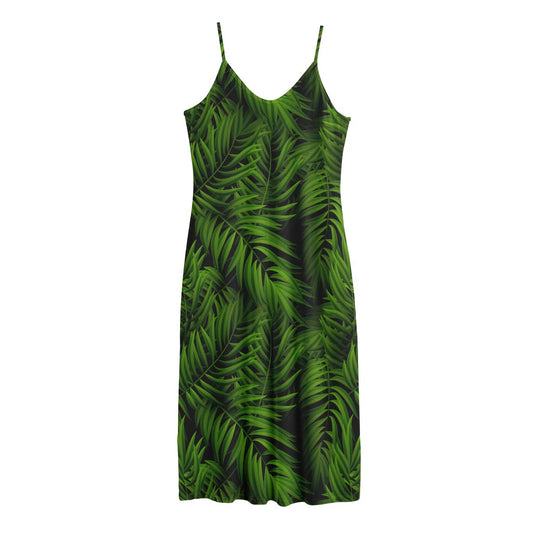 Night Tropical Palm Leaf Pattern Print Jersey Midi Cami Dress