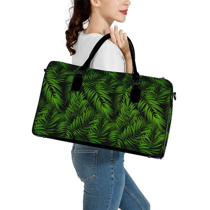 Night Tropical Palm Leaf Pattern Print Leather Duffle Bag