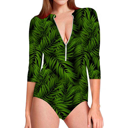 Night Tropical Palm Leaf Pattern Print Long Sleeve Swimsuit