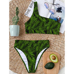 Night Tropical Palm Leaf Pattern Print One Shoulder Bikini Top