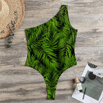 Night Tropical Palm Leaf Pattern Print One Shoulder Bodysuit