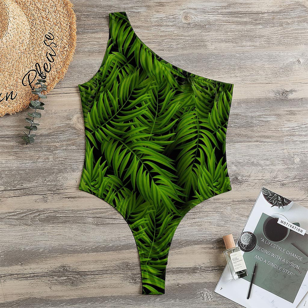 Night Tropical Palm Leaf Pattern Print One Shoulder Bodysuit