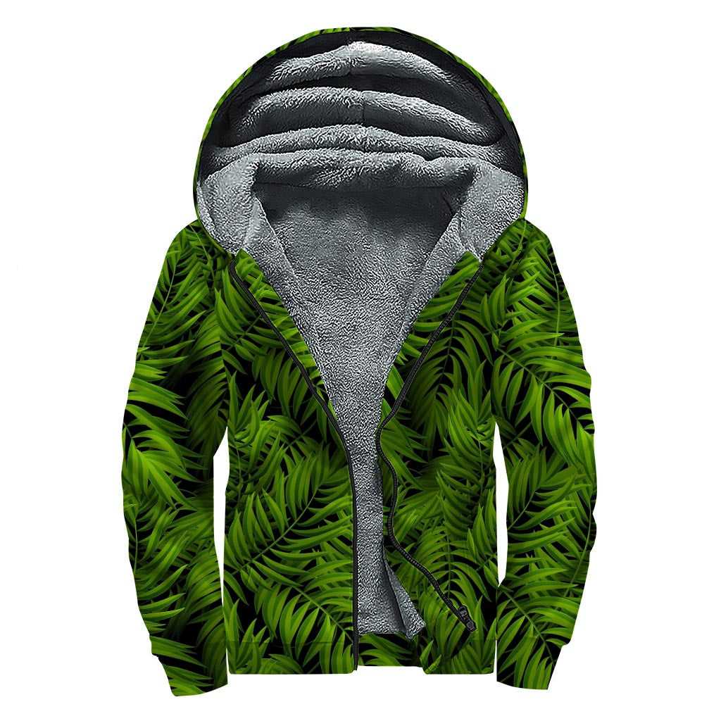 Night Tropical Palm Leaf Pattern Print Sherpa Lined Zip Up Hoodie