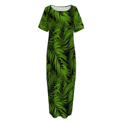 Night Tropical Palm Leaf Pattern Print Short Sleeve Long Nightdress