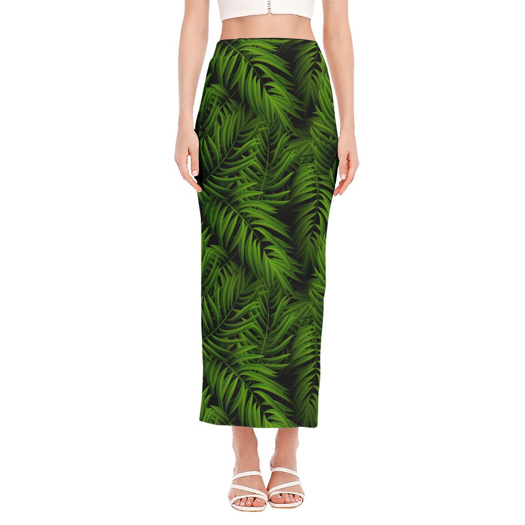 Night Tropical Palm Leaf Pattern Print Side Slit Maxi Skirt