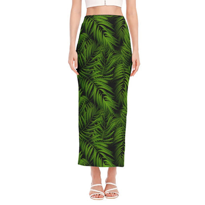 Night Tropical Palm Leaf Pattern Print Side Slit Maxi Skirt