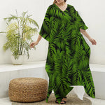 Night Tropical Palm Leaf Pattern Print Silk V-Neck Kaftan Dress