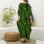 Night Tropical Palm Leaf Pattern Print Silk V-Neck Kaftan Dress