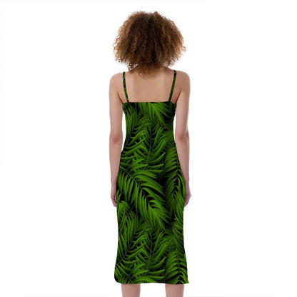 Night Tropical Palm Leaf Pattern Print Slim Fit Midi Cami Dress