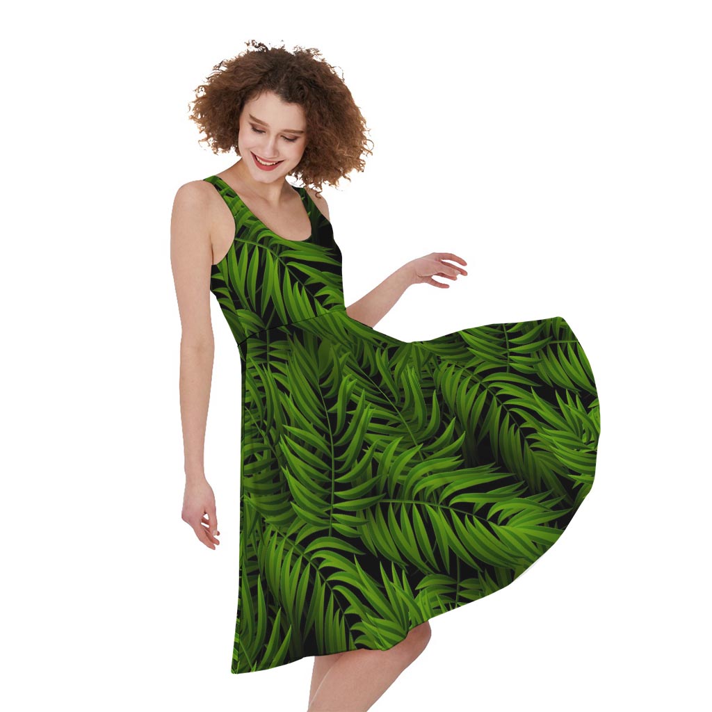 Night Tropical Palm Leaf Pattern Print Women's Sleeveless Dress