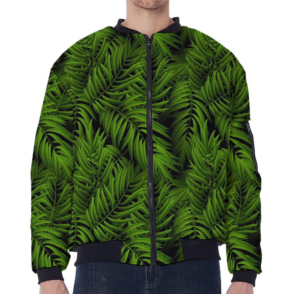 Night Tropical Palm Leaf Pattern Print Zip Sleeve Bomber Jacket