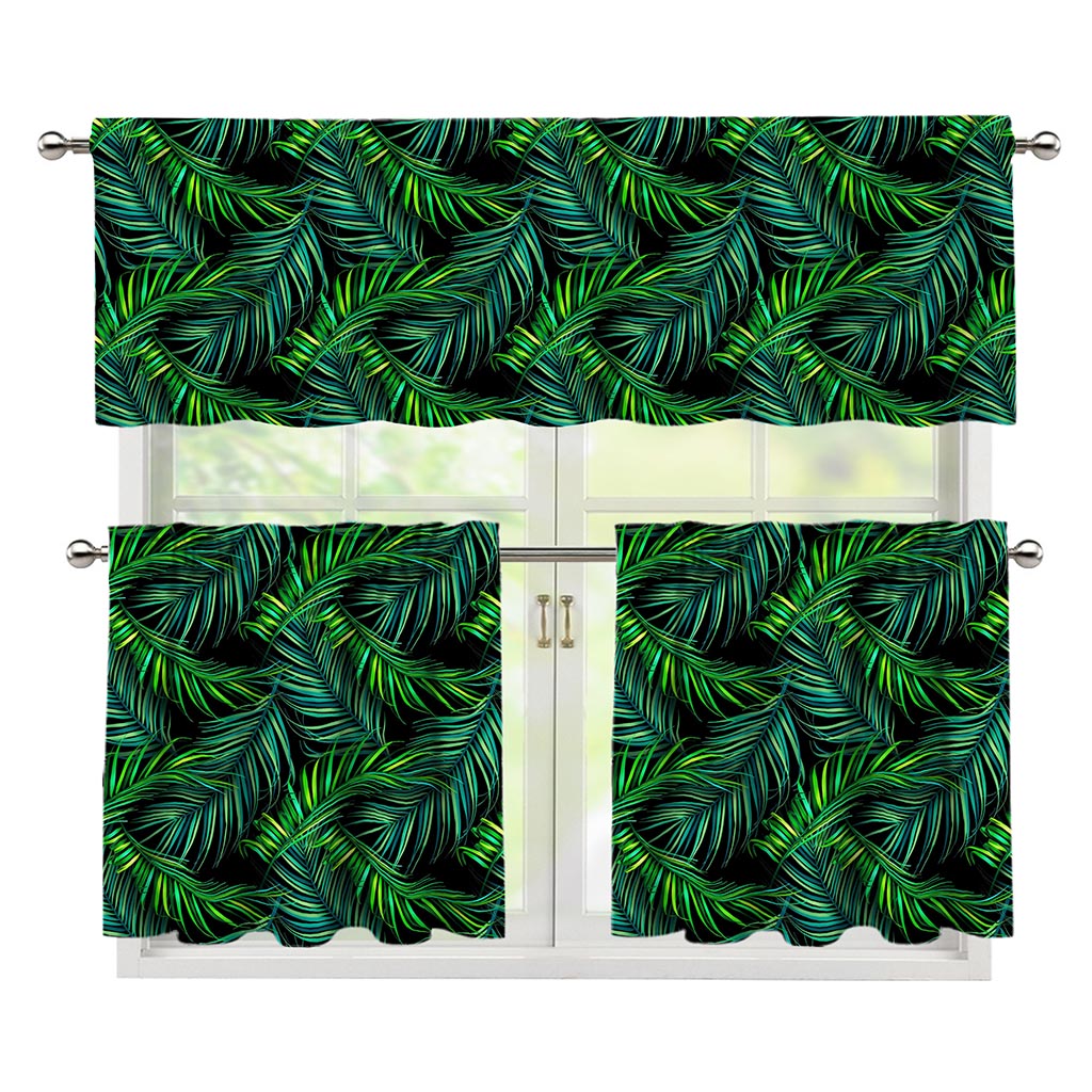 Night Tropical Palm Leaves Pattern Print 3 Piece Kitchen Curtains