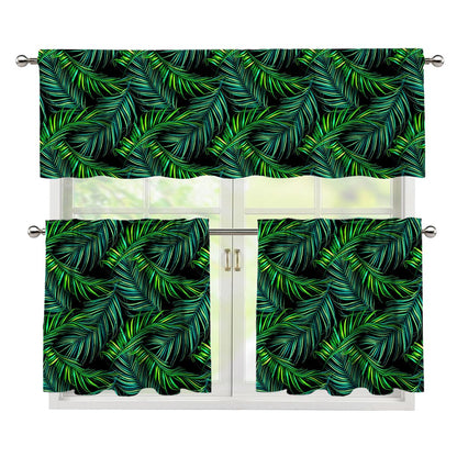 Night Tropical Palm Leaves Pattern Print 3 Piece Kitchen Curtains