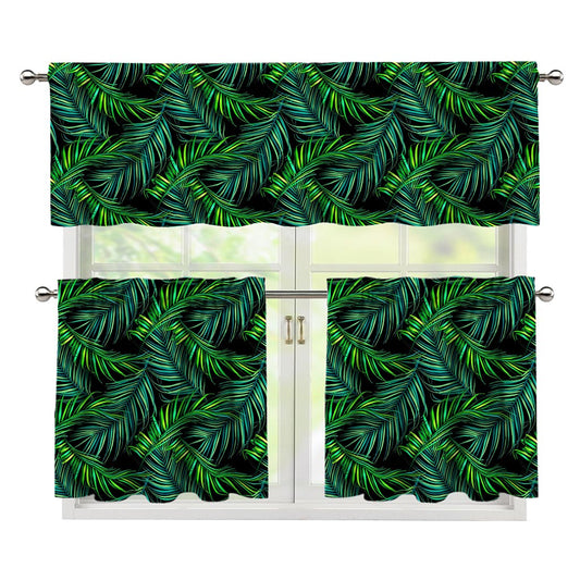 Night Tropical Palm Leaves Pattern Print 3 Piece Kitchen Curtains