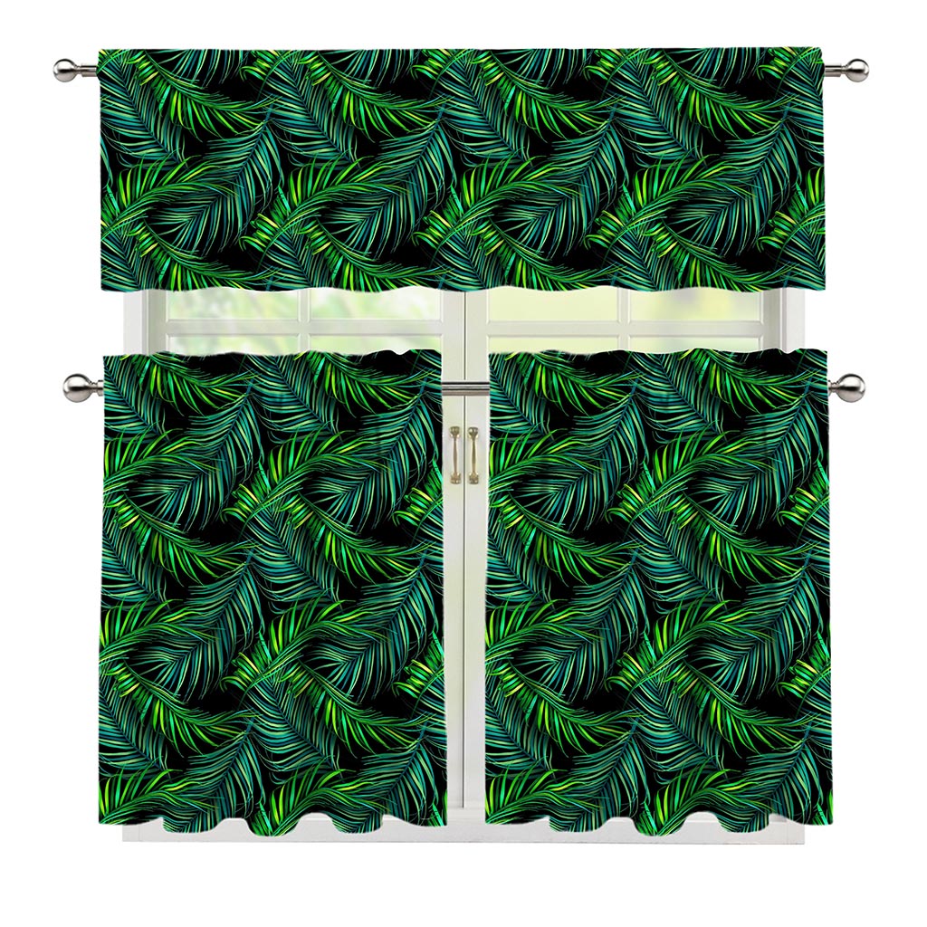 Night Tropical Palm Leaves Pattern Print 3 Piece Kitchen Curtains