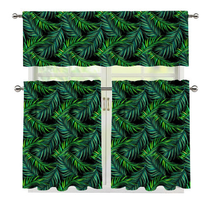 Night Tropical Palm Leaves Pattern Print 3 Piece Kitchen Curtains