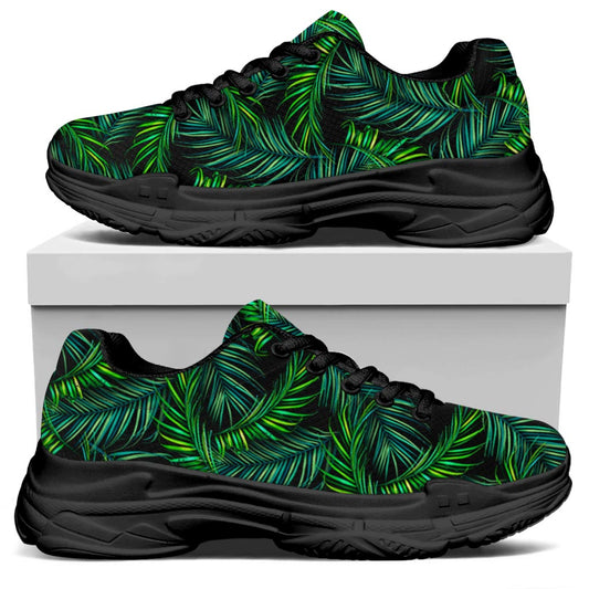 Night Tropical Palm Leaves Pattern Print Black Chunky Shoes