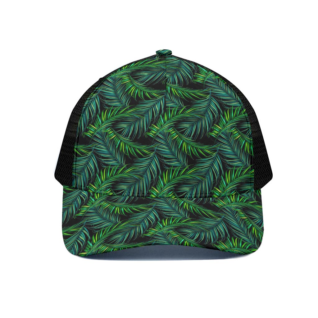 Night Tropical Palm Leaves Pattern Print Black Mesh Trucker Cap