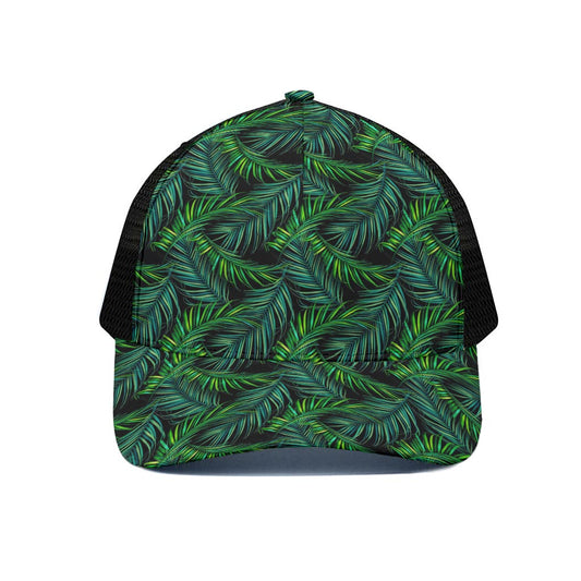 Night Tropical Palm Leaves Pattern Print Black Mesh Trucker Cap