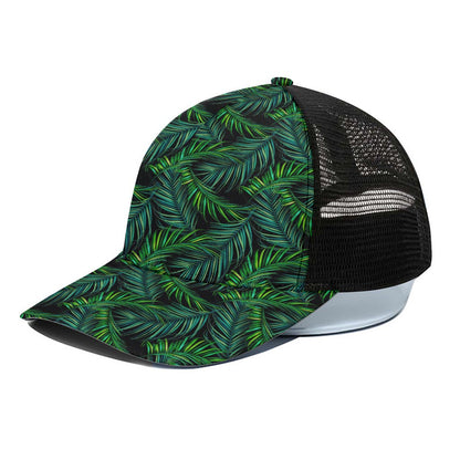 Night Tropical Palm Leaves Pattern Print Black Mesh Trucker Cap
